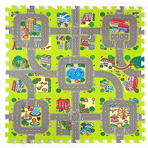 PLAY 10 Baby Play Mats for Floor, Foam Play Mat, Interlocking Foam Tiles City Road Track Puzzle Mat 9 Pieces