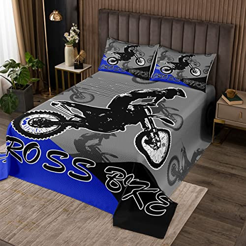 Juego de colcha acolchada para bicicleta de cross, juego de colcha deportiva extrema, juego de edredón para motociclista, colección de ropa de cama azul para niños, niñas, adultos, individual