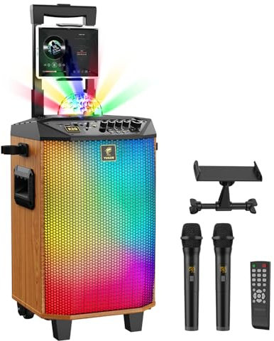 Máquina de Karaoke para Adultos, TONOR Altavoz Bluetooth Portátil con 2 Micrófonos Inalámbricos Sistema PA con Luces de Bola de Discoteca para Hogar, Fiesta, KTV, Marrón, Soporta Rec/USB/TF/AUX