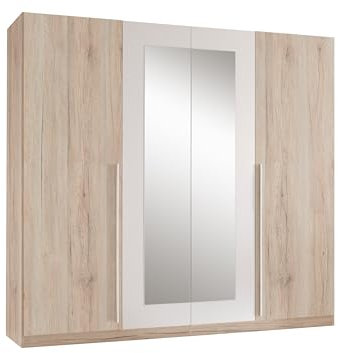 Stella Trading CANO Kleiderschrank mit Spiegel - Vielseitiger Schlafzimmerschrank in Eiche San Remo hell Optik, Weiß - 228 x 213 x 62 cm (B/H/T)