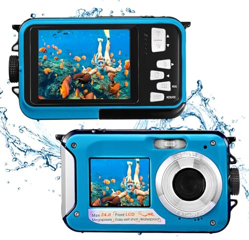 Appareil Photo Numérique Etanche, Caméra Full HD 2.7K 48MP Double Écran Anti-Vibrations, Selfie 16X Zoom pour Natation, Vacances (Bleu)