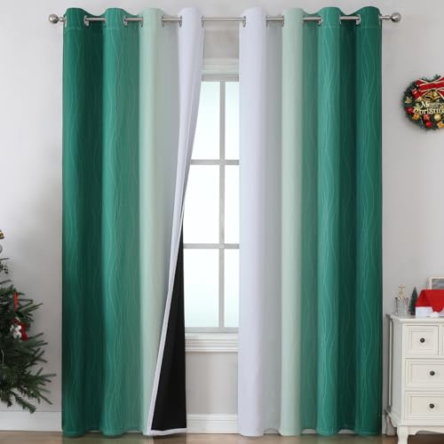 VEHEDE Gradient Blackout Curtains for Living Room and Bedroom, Ombre Thermal Insulated Noise Reduction Eyelet Drapes for Home Decor, W52 x L84 Inch, Dark Green and Greyish White, 2 Panels