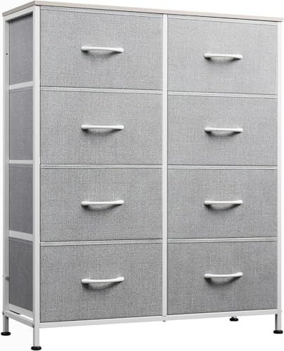 WLIVE Chest of Drawers, 8 Fabric Drawers Cabinet with Easy Pull Handle, Wood Top and Sturdy Steel Frame for Bedroom, Living Room, Light Grey