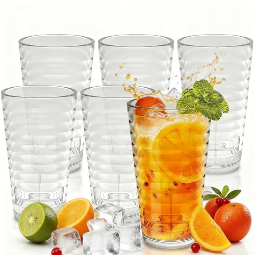 Camping Gläser Plastik,6er Set Transparente Kunststoff-Trinkbecher 385ml,Stapelbare PC Trinkgläser Wassergläser,Wiederverwendbare Plastikbecher,Bpa-Frei,Kunststoff Trinkbecher für Küche, Camping, Büro