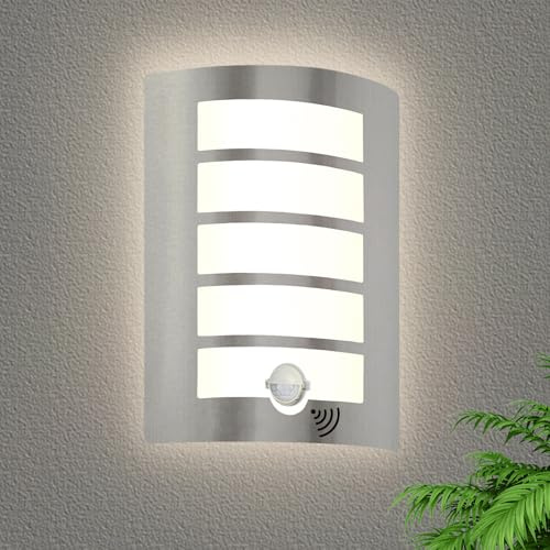 HiBay Außenlampe mit Bewegungsmelder E27 Wandlampe IP44 Eckig Aussenlampe Wand Edelstahl ABS für Hauswand Balkon Treppenhaus Beleuchtung (Ohen Glühbirnen)