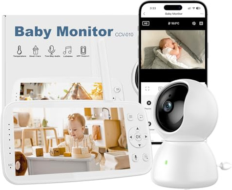 ChouChou Babyphone con fotocamera e visione notturna, schermo HD 5'' 720P, audio bidirezionale, allarme di temperatura e rumore, batteria grande, senza WiFi, portata 1000ft