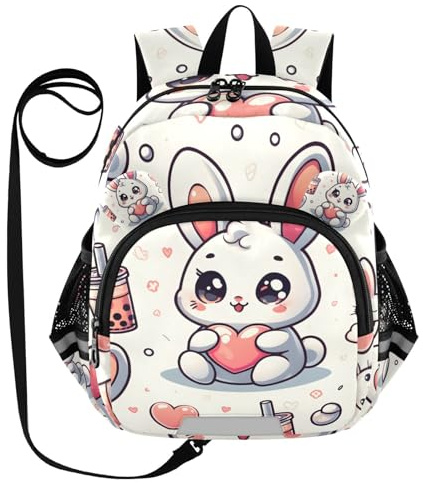 OREZI Seamless Cute Rabbit with Heart and Bubble Milk Tea Backpack With Safety Leash Baby Daycare