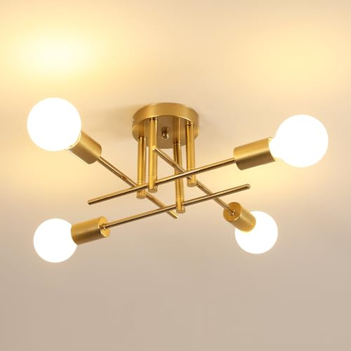 DELIPOP Lampara de Techo Industrial, 4 Luces E27 Lámpara de Araña Sputnik, Lámparas Colgantes Salon Vintage, Plafon de Techo Moderno para Dormitorio Cocina Pasillo, Dorada