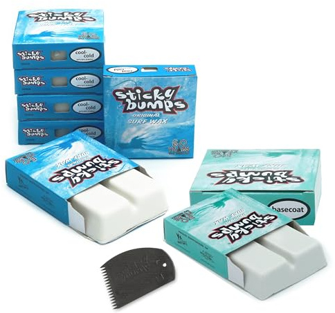 Sticky Bumps Original Surf Wax Bundle | 85g - 6 Pack Cool/Cold (69°F / 20°C) + 2 Pack Basecoat (All-Temp) + Wax Comb | Long-Lasting Grip | All-Natural, Biodegradable