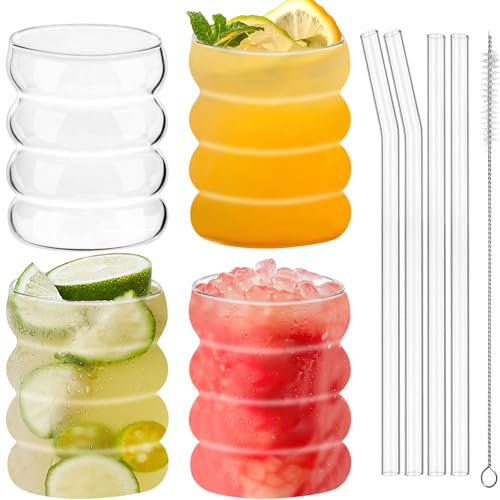 UptVin 4 Verres Rippés avec Pailles en Verre, Verres Bubble de 350ML, Verre Matcha avec Paille, Verres à Café, Verres à Glace Rippés pour Cocktails, Whisky, Thé, Soda et Café