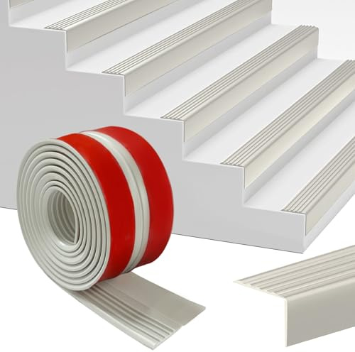 Perfil para Bordes de Escaleras Autoengluible 4M, 45x50mm Perfil Antideslizante para Escalones, Banda de Bordes de Escaleras de PVC, Protección de Bordes de Escaleras, Gris