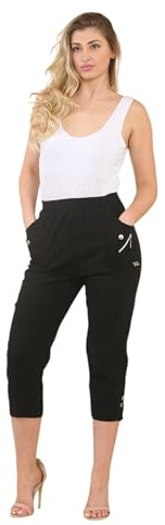 Women Cherry Berry Capri 3/4 Trousers, Ladies Elasticated Cotton Stretch Cropped Bottom Pants (Black, 16)