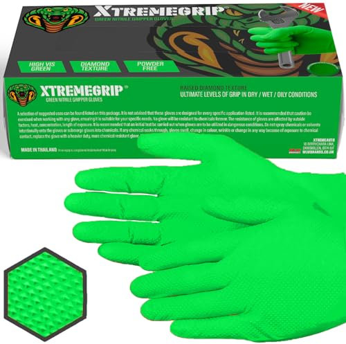 Xtremeauto Nitrile Gloves - Disposable Gloves, Diamond Grip Green - Powder-free & Latex Free Nitrile, Extra Thick & Strong Rubber (1 Box, L)