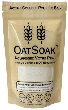 OatSoak Flocons d'avoine solubles pour le bain. Fabriqué avec 100% de flocons d'avoine écossais. Convient aux peaux sujettes à l'eczéma, au psoriasis, aux coups de soleil et à la sensibilité.