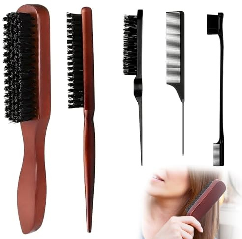 5 Pezzi Spazzola Setole Cinghiale, Spazzola per Coda Tirata, Kit Spazzole Slick Back per Tirare i Capelli, Pettine Setole Strette, Haarbürste, Pettini Styling per Capelli Lisci Ricci (Uomo Donna)