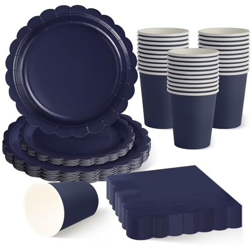 ZblPyro Set Stoviglie per Feste Blu Marino (30 Ospiti), con Piatto di carta ondulato 23cm e 18cm, Bicchieri di carta, Tovaglioli, Per Eventi Aziendali e Feste Uomini