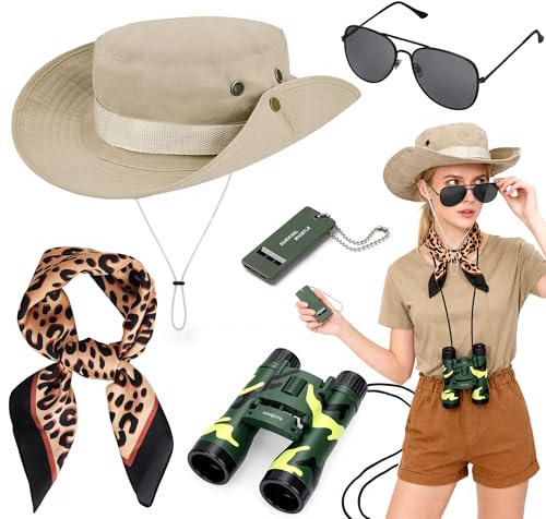 Dreamtop Set di accessori per costume safari, cappello da esploratore e custode dello zoo, con stampa leopardata, sciarpa, binocolo, occhiali da sole, fischietto, per donne