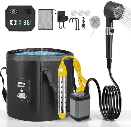 Doccia Da Campeggio, Con Secchio Pieghevole 20L, 8000 Mah Doccia Ricaricabile Portatile, Impermeabile Ipx7, Con Display Digitale Intelligente Per Spiaggia Giardino Lavaggio Auto