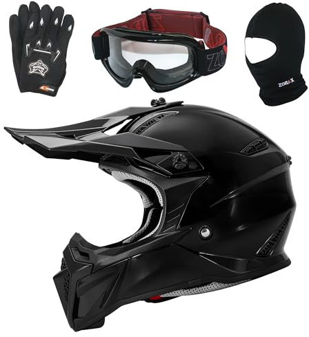 Zorax ZOR-X109 Kids Motocross Helmet & Goggles & Gloves & Balaclava | Black L (53-54cm) - Gloves L(7cm) Mx Helmet Ece Approved for Dirt Bike Motorbike Mtb Electric Bike Pit Bike