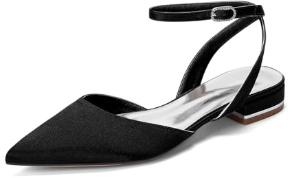 Generico Scarpe Sposa Donna in Raso con Tacco Basso Largo Punta Affusolata e Cinturino alla Caviglia Scarpe Eleganti per Matrimonio Cerimonia,Nero,42 EU