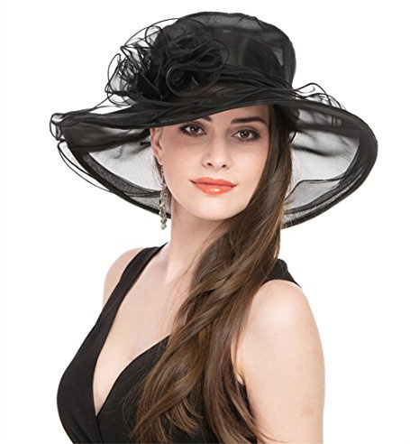 SAFERIN®Classy Sun Hat for Women Ladies Girls, Organza Feather Fascinator for Tea Party Church UV ProtectionBlack