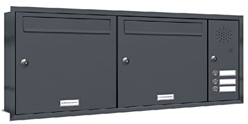 AL Briefkastensysteme, 2er Unterputzbriefkasten mit Klingel in Anthrazit Grau RAL 7016, 2 Fach wetterfeste Briefkastenanlage, Doppel-Briefkasten, Design modern