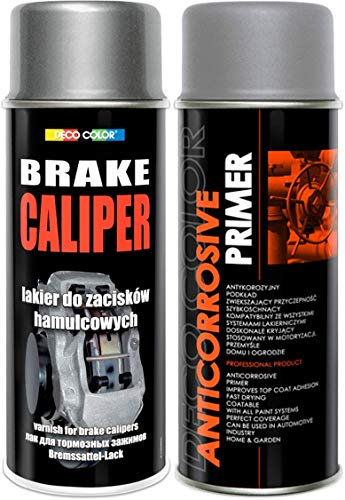 Deco Color Brake Caliper KIT Set (ANTICORROSIVE Primer and Spray Paint) Gloss Moto CAR Sport Tuning Drum (Silver Satin kit)