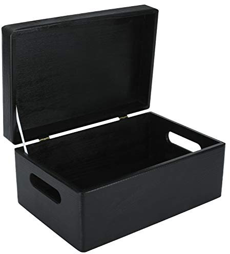 Creative Deco Large Black Plain Wooden Storage Box | 30 x 20 x 14 cm (+/-1 cm) | Hinged Lid & Handles | Gift Christmas Xmas Box Kitchen Storage | UNSANDED Wood Keepsake Memory Craft Chest
