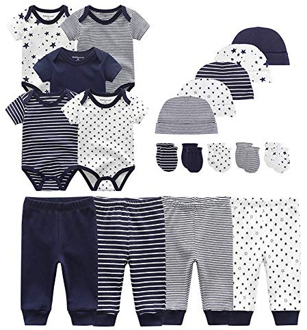 Kiddiezoom - Set di vestiti per bambini, body, pantaloni, cappellini e guantini antigraffio in cotone, 0-3 Mesi