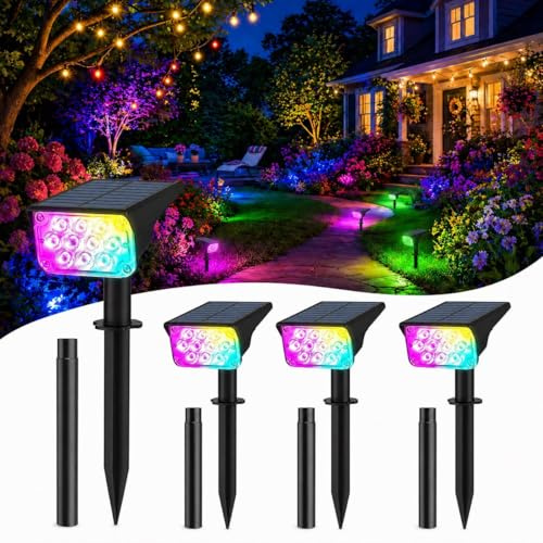 T-SUNUS Spot Solaire Extérieur Multicolore, Lampe Solaire Exterieur RGB, Etanche IP65 avec 2 Modes d'Éclairage pour Chemins Allée Terrasses Halloween Paquet de quatre