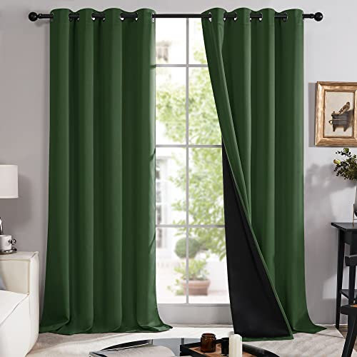 Deconovo Total Blackout Curtains, Eyelet Thermal Curtains 90 Drop, Wind-blocking Full Shade Door Curtains with Black Liner for Living Room, 52 W x 90 L, Green, 2 Panels