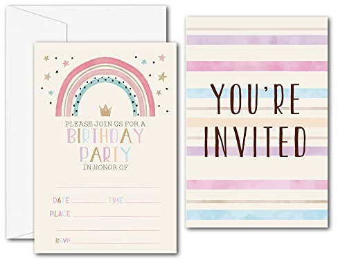 Disfuco Pink Rainbow Birthday Party Invitations - Boho Rainbow Party Supplies - Fill in The Blank Birthday Party Invites - 20 Invitation Cards With 20 Envelopes - (005A)
