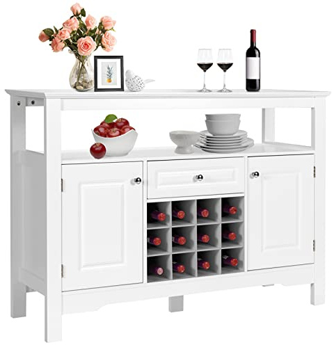 GOPLUS - Aparador de cocina con portabotellas extraíble para 12 botellas, cajón, 2 armarios, para cocina y salón, 116 x 40 x 82 cm, color blanco