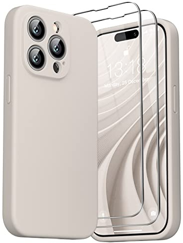 GOODVISH 3 in 1 Designed for iPhone 14 Pro Max Case 6.7 Liquid Silicone 2022, with 2 Pack Screen Protector, [Enhanced Camera 360° Full Protection] Shockproof Anti-Scratch Slim Phone Cover, Stone Grey