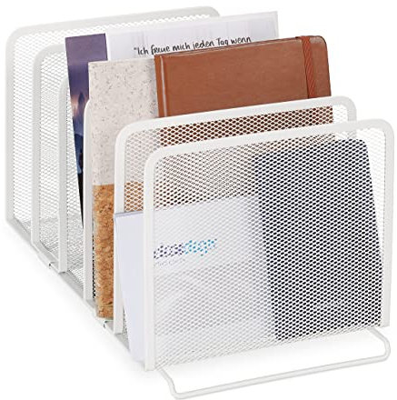Relaxdays Dokumentenhalter, 5 Fächer, Metall, Mesh-Design, Aktenablage freistehend, H x B x T: 19 x 20,5 x 37,5 cm, weiß
