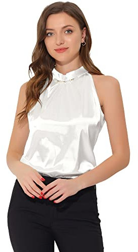 Allegra K Femmes élégant été plissé col Montant Hauts sans Manches Licou débardeur Satin Blouse Blanc M