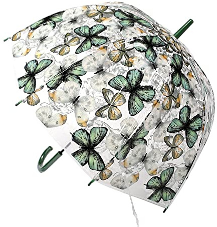 Chesoon Regenschirm für Frauen mit klarer BlaseTransparente Kuppelabdeckung Schmetterlingsmuster automatisch öffnend Reiseregenschirm,Grün