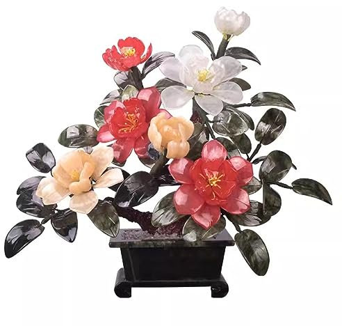 Pequeño árbol Bonsái Artificial Flor de peonía de Jade, Sala de Estar, Dormitorio, Estudio, Talla de Jade, Adorno de decoración Artesanal Creativa Decoración de Vegetación de Plantas Falsas