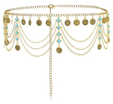 SCJJZ Körperketten,Türkisfarbene Münz-Taillenkette im Ethno-Stil, mehrschichtige Legierung, Körperkette, Mode, Anzug, Kleid, Accessoires, Gürtel (Gold)