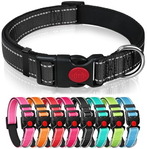Collier réfléchissant pour chien en nylon avec boucle de sécurité, collier réglable pour animal domestique avec rembourrage en néoprène doux (noir, L)