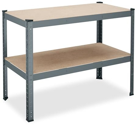 Relaxdays Banco de Trabajo, para hasta 150 kg, Mesa Taller, 2 Niveles Ajustables, 90x120x60 cm, Acero y MDF, Antracita, Tablero de Fibras