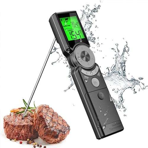 OBEST Termometro Cucina,Intelligente Termometro Barbecue Avviso di Alta Temperatura con Timer,Sonda Pieghevole,Display Retroilluminato a Tre Colori,Termometri Per Alimenti Carne per Forno, Grigliate