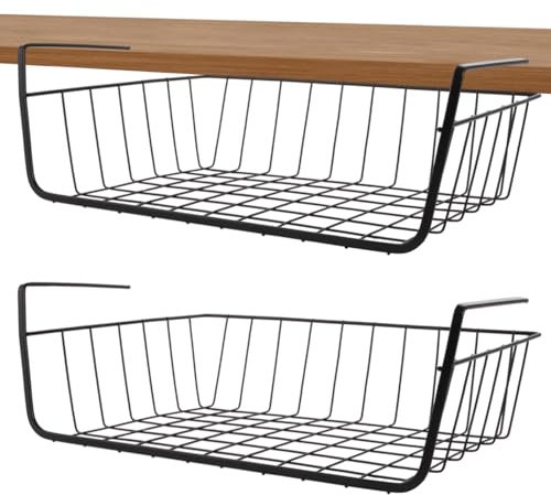 CYEER 2 Stück Hängekorb Regal, 34CM Schrankkörbe Hängekorb Schrank aus Metall Unterregal Hängekorb, Regal Einhängekorb für Küche, Speisekammer, Büro, Schreibtisch（Schwarz）