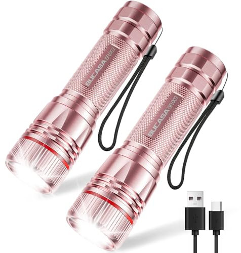 BUCASA LED Lampe Torche Rechargeable, 2000 Lumens Lampe Torche LED Ultra Puissante avec 3 Modes, 2 Pièces Zoomable Lampes Torches Enfant, Étanche Flashlight pour Camping Randonnée Urgence Cadeau Rose