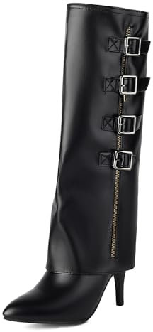 Lizoleor Moda Tacco A Spillo Donna Pointe Toe Stivali Arricciati Tacco Alto Con Risvolto Zip Laterale Festa Knee Stivali Al Polpaccio Nero Numero 38 EU/39Cn