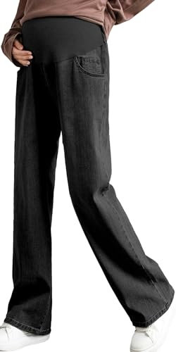 FEOYA Umstandsjeans Wide Umstandshosen Lange Elastisch Jeans für Schwangerschaft Bequem Jeans Frühling Herbst Schwarz L