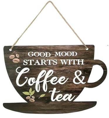 Dewocke Letrero de madera de té y café, 19 x 29 cm, placa colgante vintage para cafetería, arte de pared de café y té para cocina, interior y exterior