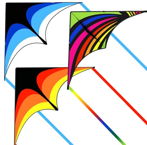 3 Pack Delta Kite Set for Adults and Kids, Single Line Beach Kites for Boys & Girls, Three Handle with String Included (Blue, Rainbow & Orange)