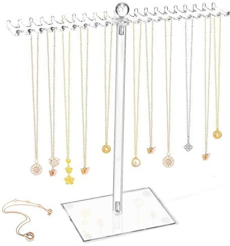 Luoqun88 Acrylic Necklace Display Stand, Clear Hanging Acrylic Jewelry Organiser Stand with 42 Hooks – Bilateral Hanging Display Holder for Necklaces Pendant Bracelets Ring | 29x29x14CM, Durable & Spa