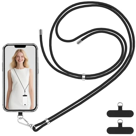 VynyQoo Cordon Telephone Portable Tour de Cou Réglable 80cm, Collier Telephone avec 2 Durable Patchs, Sangle Telephone Laniere Bandoulière Dragonne pour étuis de Téléphone Tout Compris(noir)
